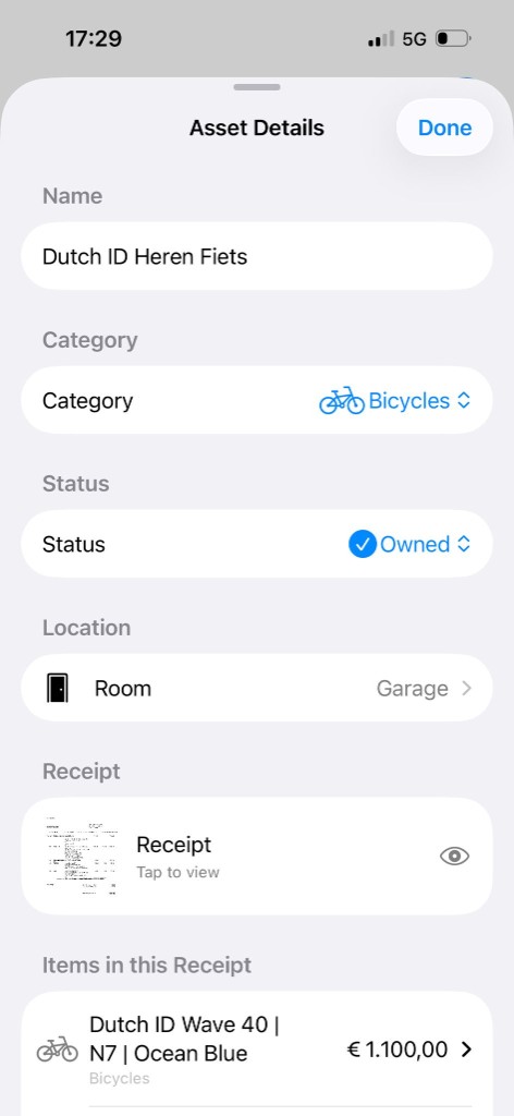 BonBox app — asset details met kassabon