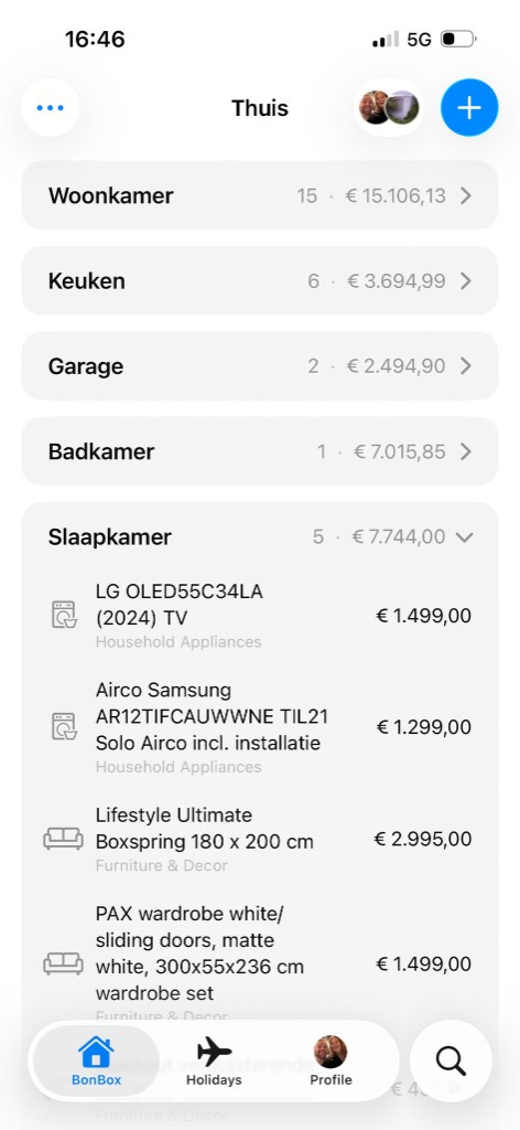 BonBox app — overzicht van kamers en bezittingen